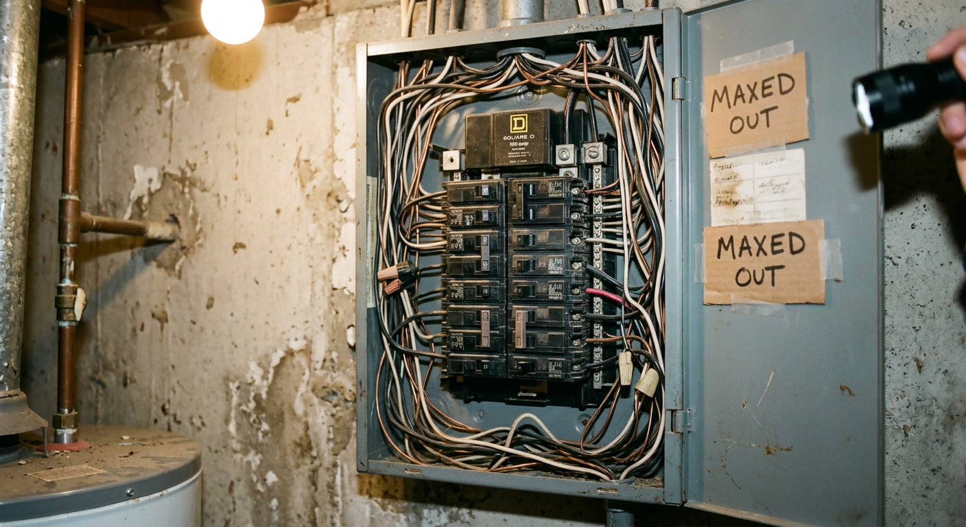 Circuit breakers and branch-circuit wiring inside a Canadian electrical panel
