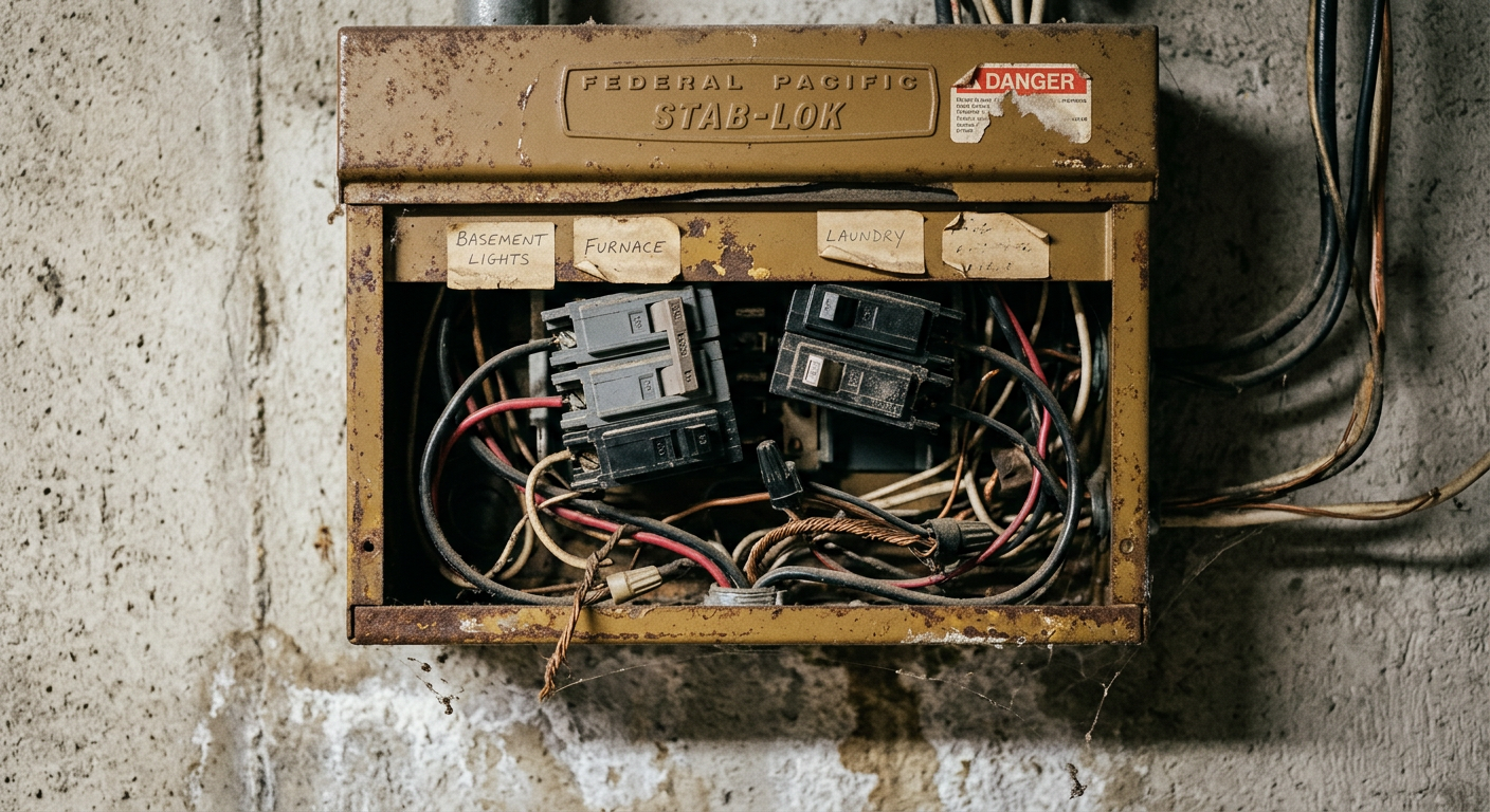 Older residential electrical panel being identified for a Canadian replacement assessment